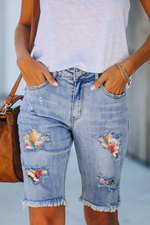 3D Flower Print Patchwork Jeans Shorts