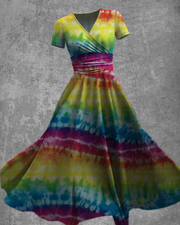 Casual Hippie Ombre Tie Dye Color Short Sleeve Swing Dress