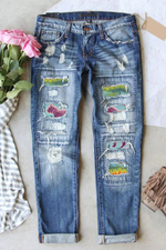 Cat Animal Ombre Color Patchwork Ripped Jeans