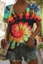 Rainbow Ombre Color V Neck Short Sleeve T-shirt