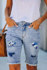 3D Flower Print Patchwork Jeans Shorts