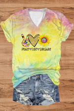 Peace Love Sunshine Ombre V Neck Short Sleeve T-shirt