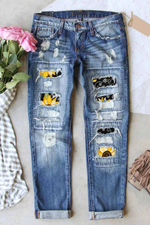 Sunflower Bee Patchwork Ripped Jeans
