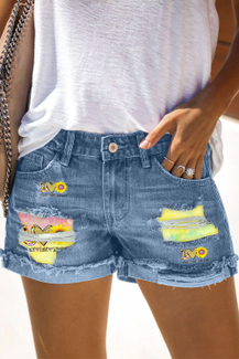 High Waist Peace Love Sunshine Printed Patchwork Denim Shorts