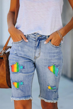 Rainbow Printed Patchwork Jeans Shorts