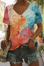 3D Flower Print V Neck Short Sleeve T-shirt