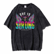 Unisex She Is Strong Washed Distressed Oversize 100%Cotton Crewneck T-shirt