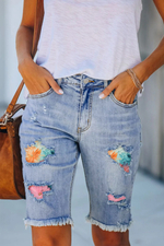 3D Flower Print Patchwork Jeans Shorts