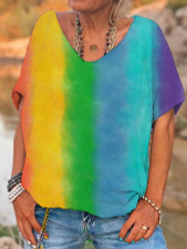 Rainbow Ombre Color Loose V Neck Short Sleeve T-shirt