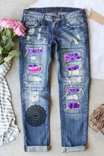 F Word Mandala Rainbow Ombre Color Patchwork Ripped Jeans