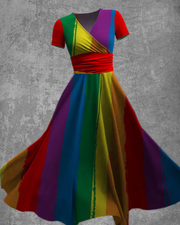 Casual Colorful Rainbow Short Sleeve Swing Dress