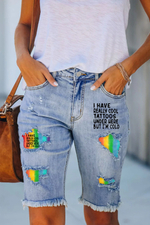 Have Really Cool Tattoos But Cold Rainbow Printed Patchwork Jeans Shorts