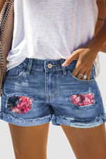 High Waist Red Ombre Patchwork Denim Shorts