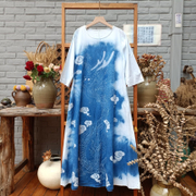Vintage Indigenous Batik Tie Dye Cotton Dress With  Side Pockets