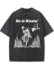 Unisex He Is Rizzin Washed Distressed Oversize 100%Cotton Crewneck T-shirt