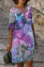 Purple Ombre Printed Half Sleeve V Neck Dress