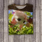 Cute Cat Print Printed Round Neck Short Sleeve T-shirt