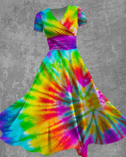 Rainbow Ombre Printed Short Sleeve Swing Dress