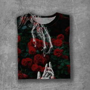 Hold Hands Rose Printed Round Neck Short Sleeve T-shirt