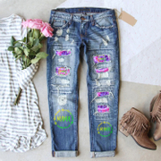 Mama Print Patchwork RIPPED JEANS