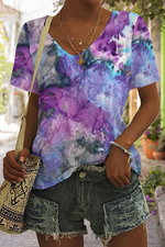 Purple Ombre Color V Neck Short Sleeve T-shirt