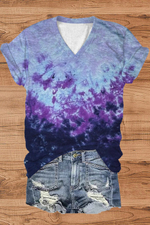 Blue Purple Ombre V Neck Short Sleeve T-shirt