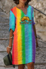Sunflower Jesus Rainbow Ombre Color Printed Half Sleeve V Neck Dress