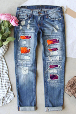 Rainbow Ombre Color Patchwork Denim Jeans