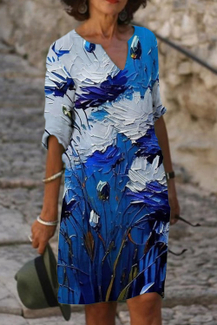 3D Flower Printed Half Sleeve V Neck Dress