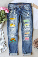 Sunflower Jesus Ombre Color Patchwork Ripped Jeans