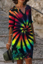 Sunshine Rainbow Ombre Color Printed Half Sleeve V Neck Dress