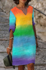 Women Ombre Color V Neck Half Sleeve Dress