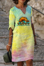 Sunflower Jesus Ombre Color Printed Half Sleeve V Neck Dress