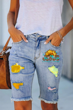 Jesus Sunflower Ombre Printed Patchwork Jeans Shorts
