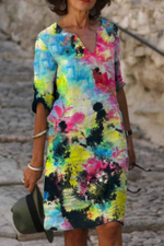 Sunshine Bright Ombre Color Printed Half Sleeve V Neck Dress
