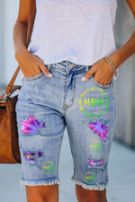 Mama Print Patchwork Jeans Shorts
