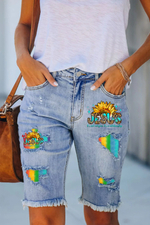 Jesus Sunflower Rainbow Printed Patchwork Jeans Shorts