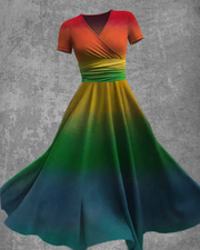 Casual Colorful Rainbow Short Sleeve Swing Dress