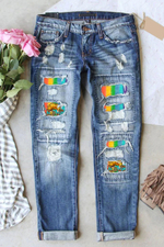 Jesus Sunflower Rainbow Ombre Color Patchwork Ripped Jeans