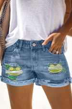 High Waist Frog Ombre Patchwork Denim Shorts