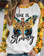 Christian She Is Strong Butterfly Round Neck Long Sleeve Sweatshirt