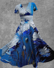 3D Flower Printed Short Sleeve Swing Dress