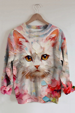 3D Cute Cat Print Round Neck Sweatshirt