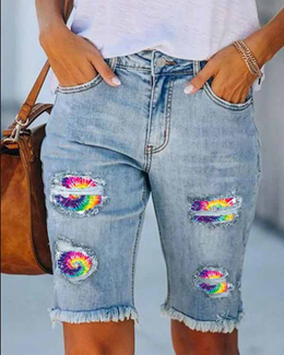 Rainbow Printed Jeans Shorts