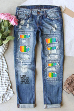 Have Really Cool Tattoos But Cold Rainbow Ombre Color Patchwork Ripped Jeans