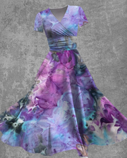 Purple Ombre Printed Short Sleeve Swing Dress