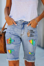 More Tattoos Less Anxiety Rainbow Printed Patchwork Jeans Shorts