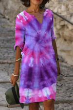 Purple Spial Rainbow Ombre Color Printed Half Sleeve V Neck Dress