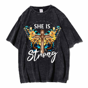 Unisex She Is Strong Washed Distressed Oversize 100%Cotton Crewneck T-shirt