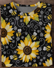 Sunflower Bee Round Neck Short Sleeve T-shirt